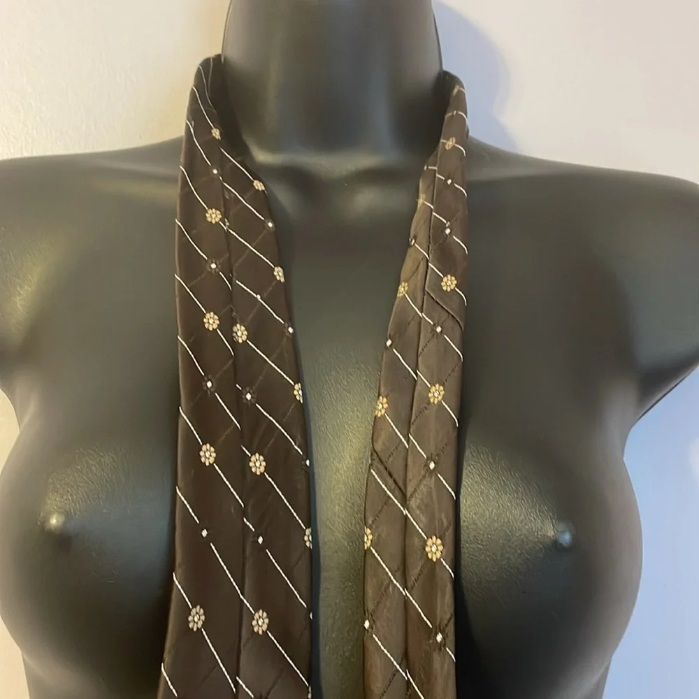 Givenchy Brown Floral Embroidered Polyester Vintage Necktie Tie